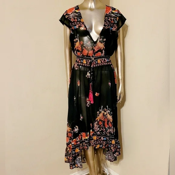 NWOT Floral Shirred Waist Tie Front Ruffle Hem Boho Sheer Dress Sz M - Picture 15 of 16